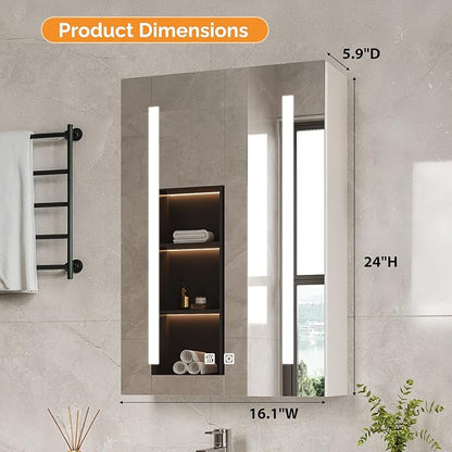 VINGLI 16Inch Medicine Cabinet with Lights, Lighted Medicine Cabinet with Mirror, Led Wall Mirror with Storage for Bathroom,Wall Mounted,3-Color Memory Mode Light，White,5.9" D x 15.75" W x 23.6" H