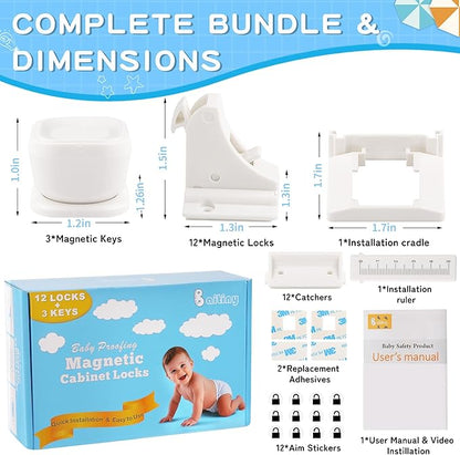 12 Pack Magnetic Cabinet Locks Baby Proofing - Baitiny Child Proof Cupboard Drawers Latches - Adhesive Easy Installation