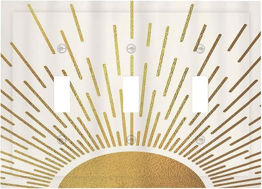 Decorative Light Switch Cover Plate Boho Mid Century Gold Sun Sunbeams 3 Gang Wall Plates for Electrical Outlets Triple Toggle Switch Plate Covers Outlet Covers Faceplate for Home Decor
