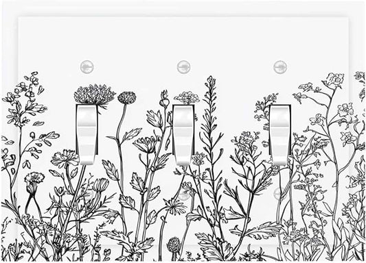 Decorative Switch Plates Floral Wildflower Rustic Plant Leaves 3 Gang Wall Plate Triple Toggle Light Switch Cover Faceplate Electrical Wall Panels For Farmhouse Cabin Decor