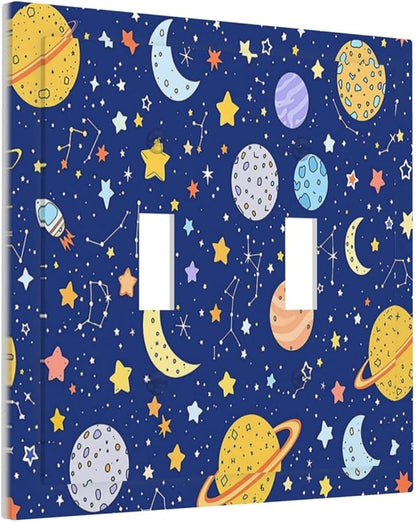 Stars Starry Night Sun Moon Planet Constellations Decorative Switch Plates 2 Gang Double Toggle Outlet Light Switch Cover Wall Plate Electrical Faceplate for Bedroom Bathroom Decor