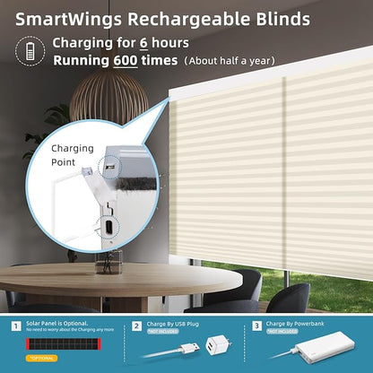 SmartWings Motorized Cellular Shades with Remote, Customized Electric Cordles Honeycomb Blinds Compatible with Alexa/Homekit/Google for Windows, 60% Blackout Single Cell Cream