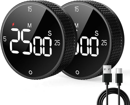 Rechargeable Magnetic Kitchen Timer for Cooking, Building 800mAh Battery Large Display Digital Countdown Countup Timer, 3 Preset 5/15/25 Mins Loud Alarm for Baking Grilling Studying - 2PCS