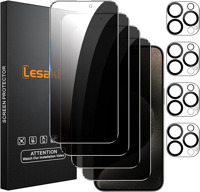 4+4 Pack Privacy Screen Protector for iPhone 15 Pro Max 6.7-Inch with 4 Pack Camera Lens Protector, Anti Spy Tempered Glass Film 9H Hardness Case Friendly