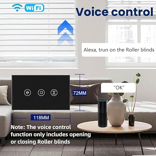 Smart Roller Shutter Switch 118X72X34MM Need Neutral Wire,2.4GHz WiFi Roller Shutter Switch, Tempered Glass Panel, Compatible with Alexa and Smart Life, Black WiFi-Roller Shutter