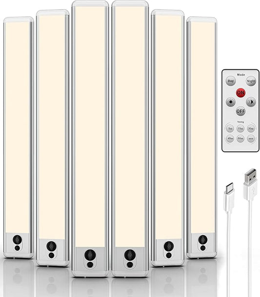 EZVALO Under Cabinet Lights,14.5'' Motion Sensor Light Indoor Dimmable, 4000mAh Rechargeable Closet Lights 3500K with Remote Control, Wireless Under Counter Light for Kitchen,Cabinet (Warm-6Pack)