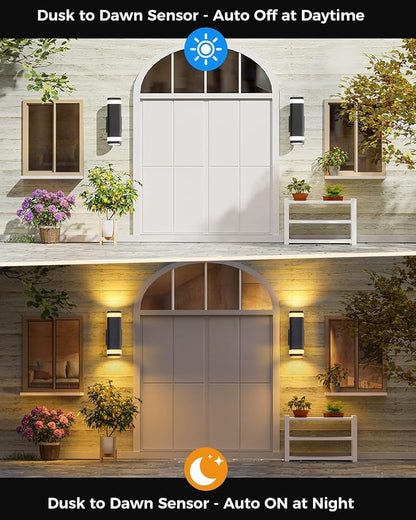SHIMR Dusk to Dawn Outdoor Wall Light with Sensor 2 Pack, Waterproof Up and Down Outdoor Sconce Lights, Modern Black Aluminum Exterior Lighting Fixtures for Porch Patio Garage, LED Bulbs Included
