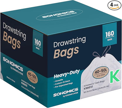 SONGMICS Trash Bags for 13-Gallon (50 L) Trash Cans, Drawstring Kitchen Garbage Bags, Pre-Separated, Quick-Dispense Box, Liner Code K, 4 Rolls, 160 Count, White UKRB051A04