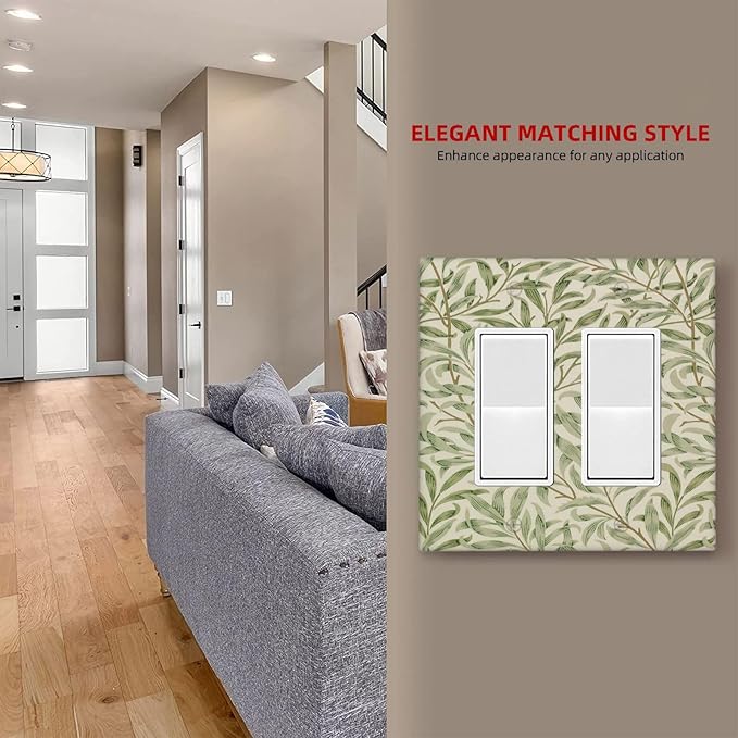 Decorative Outlet Covers Morris Green Willow Leaf Olive Leaves 2 Gang Wall Plate Double Rocker Two Switch Wall Cover Plate Light Switch Cover Plate Faceplate for Country Bedroom Decor