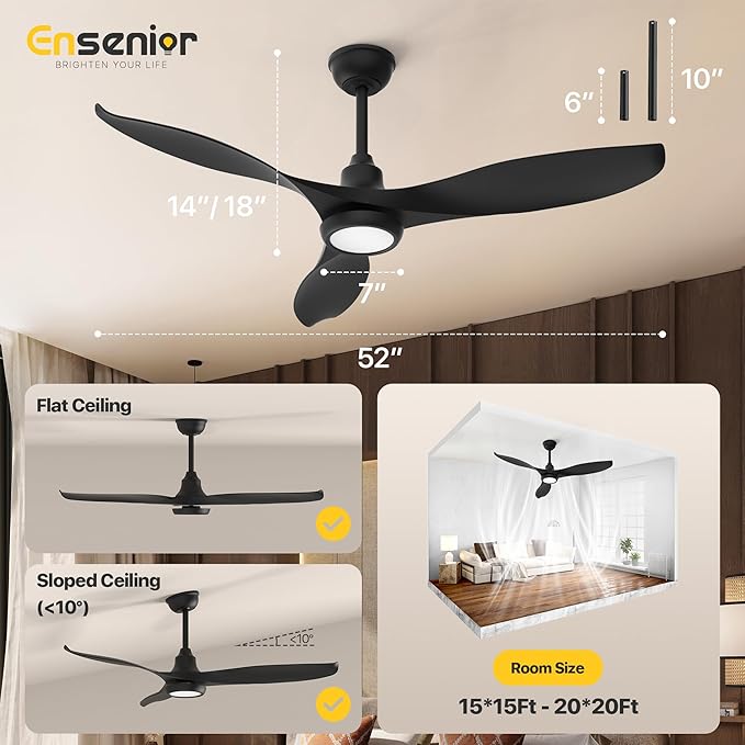 Ensenior 52 Inch Smart Ceiling Fans with Lights and Remote, Control via Alexa Google Voice App, 6 Speeds Reversible DC Motor 3000K-6000K, Dimmable LED, Black Bedroom Ceiling Fan with Lights - 3 Blades