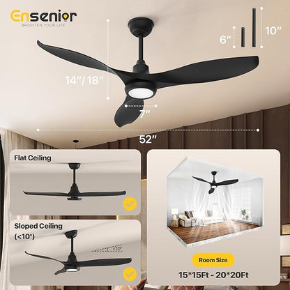 Ensenior 52 Inch Smart Ceiling Fans with Lights and Remote, Control via Alexa Google Voice App, 6 Speeds Reversible DC Motor 3000K-6000K, Dimmable LED, Black Bedroom Ceiling Fan with Lights - 3 Blades