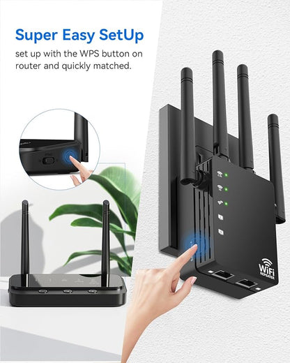 WiFi Extender with 4 Antennas 1200Mbps - Dual Band 5GHz/2.4GHz, WiFi Extender Signal Booster with 3 Modes Support, WiFi Repeater with 12880 Sq.ft 105 Devices, Easy Set Up for Home