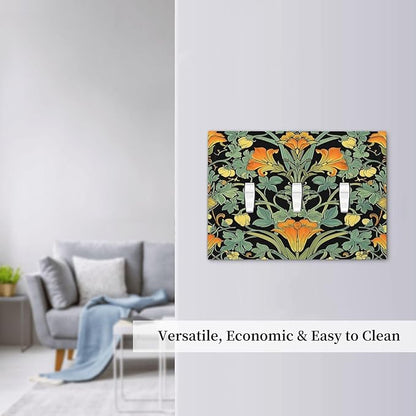 Decorative Switch Plates William Morris Vintage Floral Green Yellow 3 Gang Wall Plate Triple Toggle Light Switch Cover Faceplate Electrical Wall Panels for Bedroom Home Decor