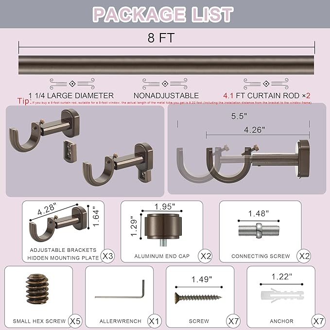 Heavy Duty Curtain Rods,1 1/4" Large Diameter Premium Nonadjustable Curtain Rod,96in/8ft Custom Window Treatment Rods with Durable Aluminum Brackets and End Caps,Dark Bronze Finish