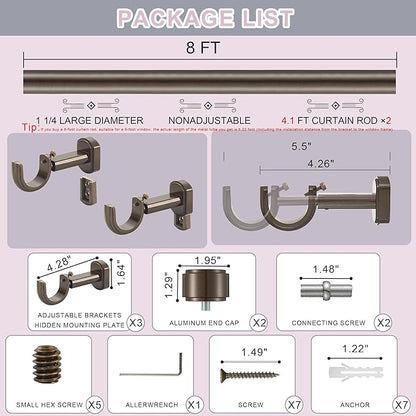 Heavy Duty Curtain Rods,1 1/4" Large Diameter Premium Nonadjustable Curtain Rod,96in/8ft Custom Window Treatment Rods with Durable Aluminum Brackets and End Caps,Dark Bronze Finish