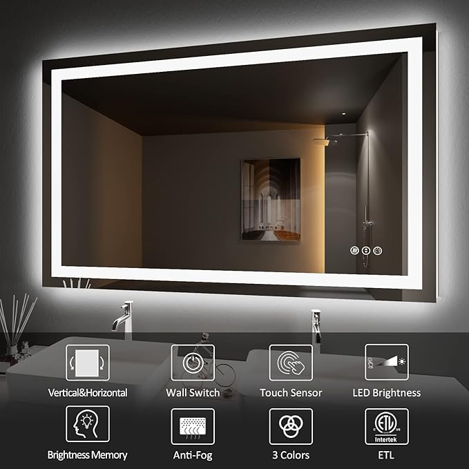 Amorho LED Bathroom Mirror Large 77"x 36" with Front Light and Backlit, Stepless Dimmable Wall Mirrors with Anti-Fog, Shatter-Proof, Memory, 3 Colors, Double LED Vanity Mirror