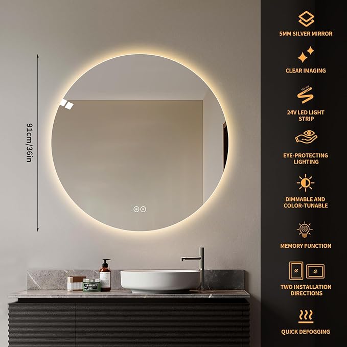 Round LED Bathroom Mirror with Light, Backlit Mirror for Bathroom, Frameless LED Smart Vanity Mirror with 3 Color Lights, Anti-Fog, Smart Touch Button, Shatter-Proof, IP65, 90+ CRI (36" L x 36" W)