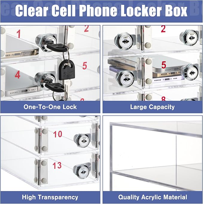Layhit 15 Slots Cell Phone Locker Box for Classroom Clear Acrylic Cell Phone Storage Cabinet Bin with Door Locks for Classroom School Students Office Factory Employees