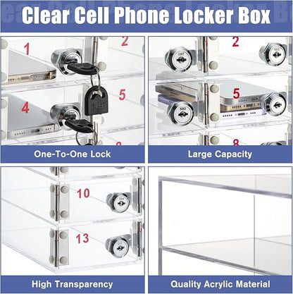 Layhit 15 Slots Cell Phone Locker Box for Classroom Clear Acrylic Cell Phone Storage Cabinet Bin with Door Locks for Classroom School Students Office Factory Employees