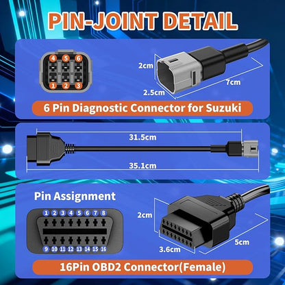 OBD2 Adapter Cable Fits for Suzuki Guzzi Kawasak and More Motorcycles, 6Pin to 16Pin OBD2 Diagnostic Adapter Cable Works with All OBDII Scanner