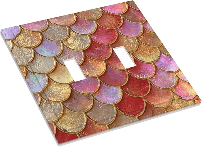 Mermaid Glitter Scale Rainbow Gold Fish Scales Decorative Switch Plates 2 Gang Double Toggle Outlet Light Switch Cover Wall Plate Electrical Faceplate for Bed Room Home Decor