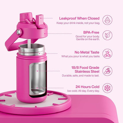 Kids Insualated Water Bottle with Straw - 12oz Stainless Steel Water Bottle with Dual Spouts, Leak-Proof, BPA-Free, Double Wall Vacuum Keeps Cold for 24 Hours for Sports, Travel, School (Persian Rose)