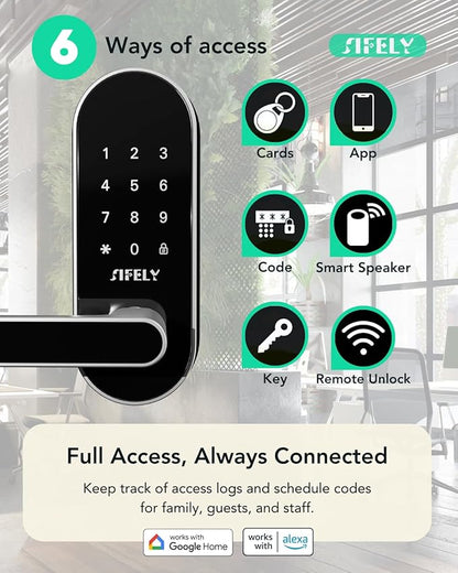 Built-in WiFi Smart Door Lock with Handle – Keyless Entry via App, Codes, Cards, Key, Voice & Remote Unlock, Auto-Lock, Access Logs, Family Sharing, Works with Alexa & Google, Great for Home & Rental