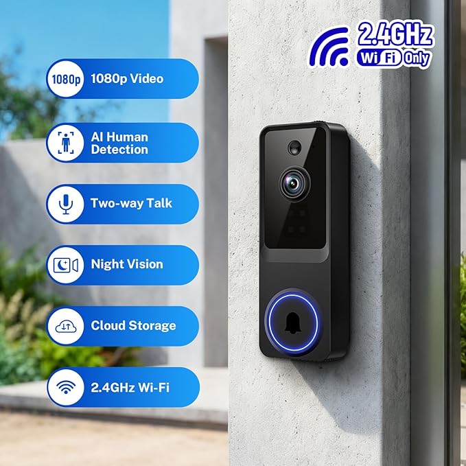 SoraNari Wireless Doorbell Camera,1080P HD, Motion Detection, Two-Way Audio, Live View, Night Vision, Cloud Storage, Battery Powered, 2.4GHz Wi-Fi Only