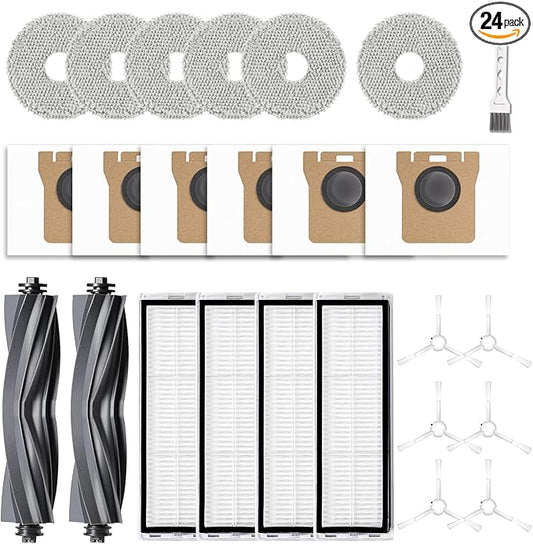 24Pcs Replacement Parts for Dreame L10s Ultra/L10 Ultra Vacuum Cleaner Accessories Kit, 2 Main Brush, 4 HEPA Filters, 6 Mop Pads, 6 Dust Bags, 6 Side Brushes [Not for L10s Pro Ultra Heat]