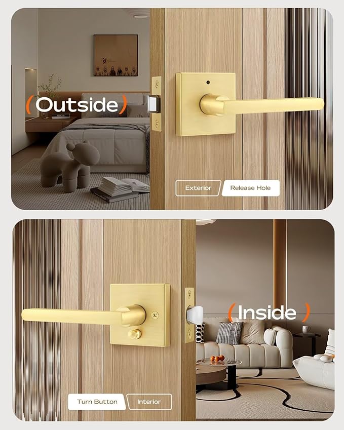 Leydebong 3 Pack Gold Door Handle Heavy Duty, Keyless Door Knob Reversible Square Door Lever for Bedroom, Bathroom and Rooms