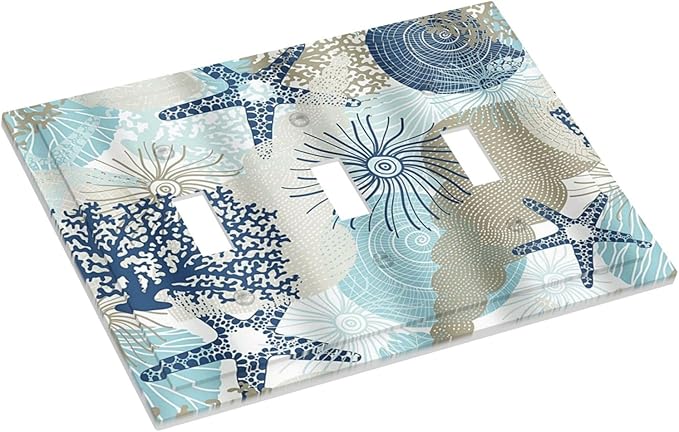 Decorative Light Switch Cover Plate Blue Starfish Brown Coral Ocean 3 Gang Wall Plates for Electrical Outlets Triple Toggle Switch Plate Covers Outlet Covers Faceplate for Girlroom Home Decor