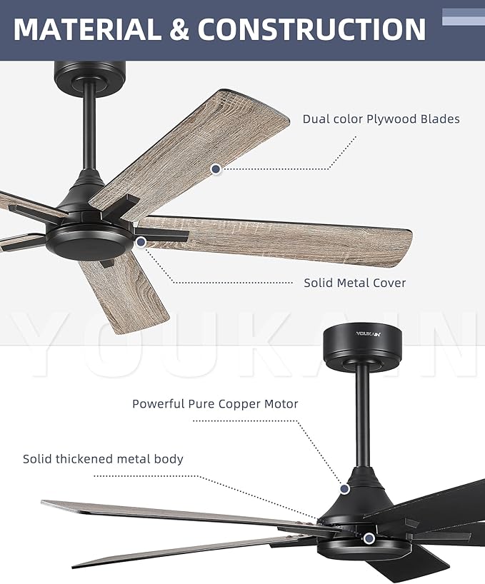 YOUKAIN Ceiling Fan without Light, 52 Inch Black Ceiling Fans, Smart Ceiling Fans Remote & APP Control, Reversible Blades, Outdoor Ceiling Fan for Bedroom, Living room, 52-YJ812-BK-NL
