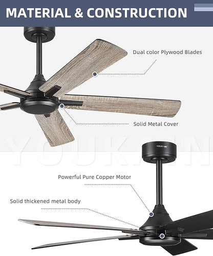 YOUKAIN Ceiling Fan without Light, 52 Inch Black Ceiling Fans, Smart Ceiling Fans Remote & APP Control, Reversible Blades, Outdoor Ceiling Fan for Bedroom, Living room, 52-YJ812-BK-NL