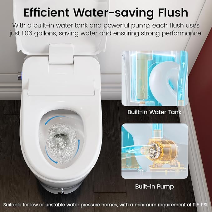 Smart Toilet with Built-In Bidet, Auto Open and Close Lid, Heated Seat, Warm Air Dryer, Night Light, 1.06 GPF Powerful Auto Flush and Blackout Flush, Easy Operation by Knob, Remote, Kick Button