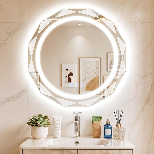 24 Inch Round LED Bathroom Mirror with Lights, Frameless Vanity LED Mirror for Bathroom with Beveled Edge, Backlit Anti-Fog, Dimmable, 3 Colors, Memory Function, Tempered Glass, Shatter-Proof