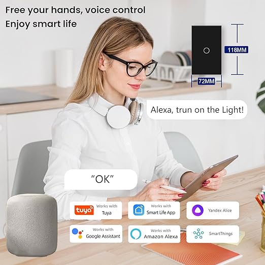 WiFi Smart Light Switch 118X72X34MM Need Neutral Wire,2.4GHz Wi-Fi Touch Switch,Work with Smart Life/Tuya App, Compatible with Alexa and Google Home, Black 1 Gang