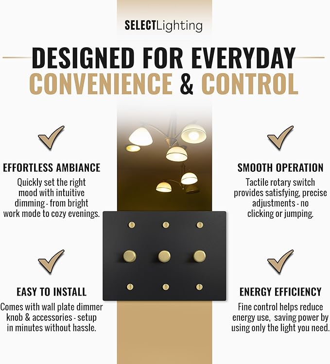 SELECT Black Brass Dimmer Light Switch, 1 Way Rotary Dimmer, 3 Gang TRIAC/Leading Edge Dimmable LED Light Switch, 15A 120V AC with Brass Knob, Faceplate & Dimming Module, UL Listed