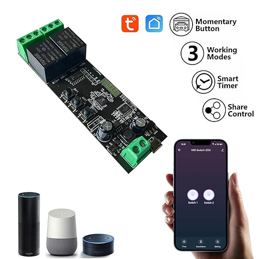 Jane Eyre 2 Channel WiFi Momentary/Self-Locking Relay Switch Module DC 7-32V DIY Switch Module TUYA/SmartLife APP Remote Switch Relay Compatible with Alexa Echo Google Home