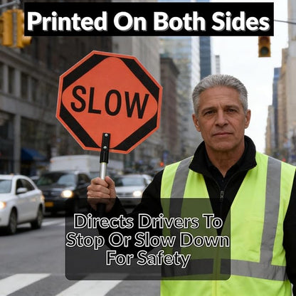 BESEA 18 Inch Handheld STOP & SLOW Sign, Double-Sided Reflective Paddle for Traffic Control, School Crossings, Construction Zones,Caution Areas Durable Non-Telescopic Handle, High-Visibility Safety Sign