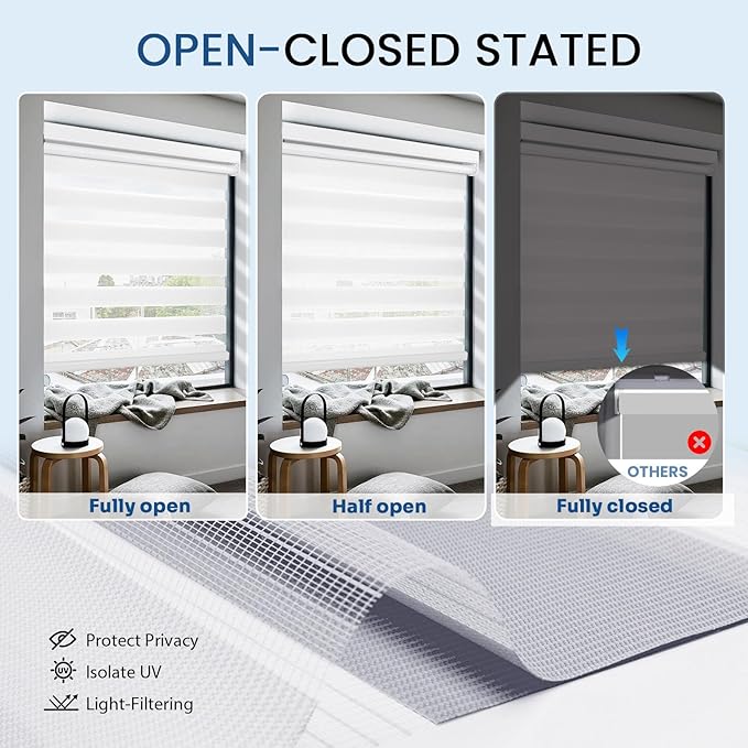 Grandekor Motorized Zebra Blinds with Remote Control,No Drill No Tools Cordless Dual Layer Zebra Blinds for Windows,Electric Zebra Shades Custom Size