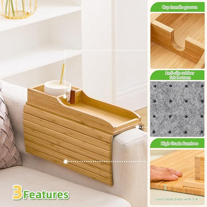 GEHE Couch Cup Holder, Anti Falling Sofa Arm Tray, Natural Bamboo Sofa Cup Holder More Safe for You Family, Portable Couch Arm Tray Armrest Table for Remote, Snacks, Phone, Drinks