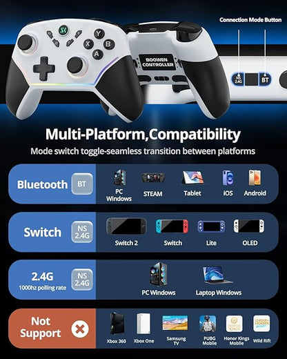 Multi-Platform Wireless Controller, PC Gaming Controller with 2.4G Adpater/Hall Joysticks/Hall Triggers/1200 mAh Battery/4 Programmable Buttons/RGB Lighting, Compatible with PC Windows 7/8.1/10/11, Switch/OLED/Lite, iOS, Android, Steam-White