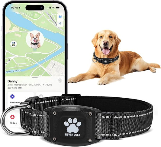 GPS Dog Collar Tracker 2-in-1,Reflective Waterproof Pet Collar,iOS-Only,No Monthly Fees,Unlimited Range,Ideal for Dog Tracking pet Tracker,for Small Medium Large Dogs(XS (10.6"-13.6"), Black)
