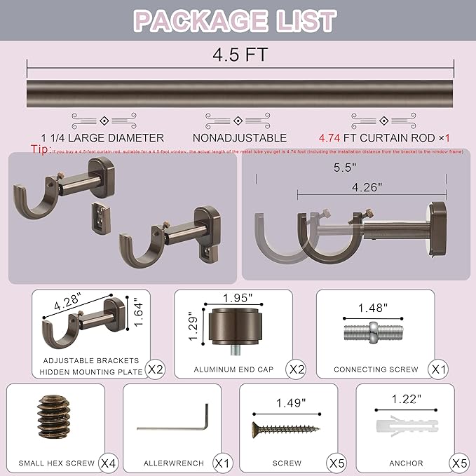 Heavy Duty Curtain Rods,1 1/4" Large Diameter Premium Nonadjustable Curtain Rod,54in/4.5ft Custom Window Treatment Rods with Durable Aluminum Brackets and End Caps,Dark Bronze Finish