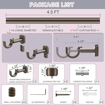 Heavy Duty Curtain Rods,1 1/4" Large Diameter Premium Nonadjustable Curtain Rod,54in/4.5ft Custom Window Treatment Rods with Durable Aluminum Brackets and End Caps,Dark Bronze Finish