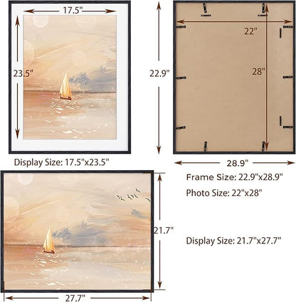 Fun Memories 22x28 Picture Frame Black 2 Pack, 22"x28" Oak Wood Frames for Wall, Rustic Poster Frames 22 x 28, 22x28 Matted Frame to 18x24, Tempered Real Glass, 22 by 28 Art Frame