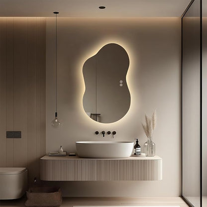 LED Bathroom Mirror with Lights 22x36, Stepless Dimmable Irregular Backlit Mirror with 3 Colors, Anti-Fog, Memory, Al-Alloy Lampshade, Frameless Smart Mirror for Bathroom (Horizontal/Vertical)