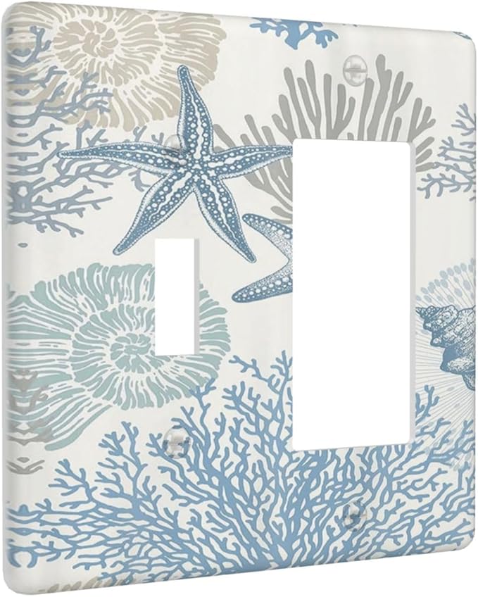 Decorative Outlet Covers Blue Starfish Coral Seaweed 2 Gang Wall Plate Single Toggle 1 Rocker Light Switch Cover Switch Plate Covers for Bathroom Bedroom Home Decor