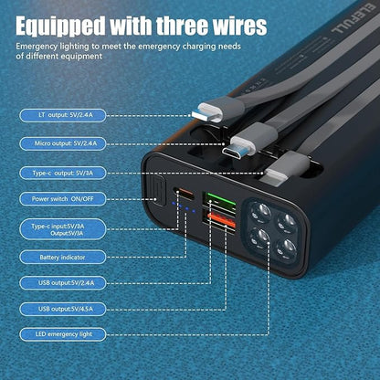 50000mAh Portable Charger, Built-in Cable 22.5W QC 3.0 PD USB C Power Bank, Fast Charging with, LED Flashlight, External Mobile Phone Batteries Compatible with iPhone (Black2, 50000, Milliamp Hours)