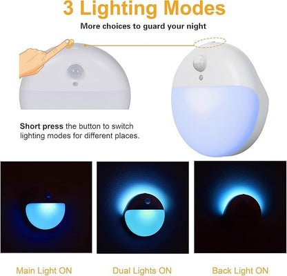 2 Pack Azure Battery Night Light, Motion Activated Night Light, 2.6" Small Sticky Lights, 3 Light Modes, Dimmable Battery Operated Lights for Travel, Toilet, Bathroom, Closet, Stairs,Corridor